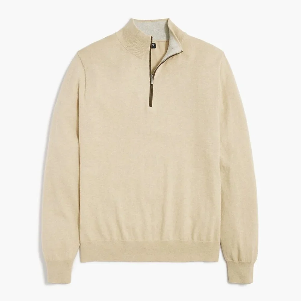 J. Crew NWT Cotton Cashmere Mock Neck Half-Zip Long Sleeve Sweater Cream, Large